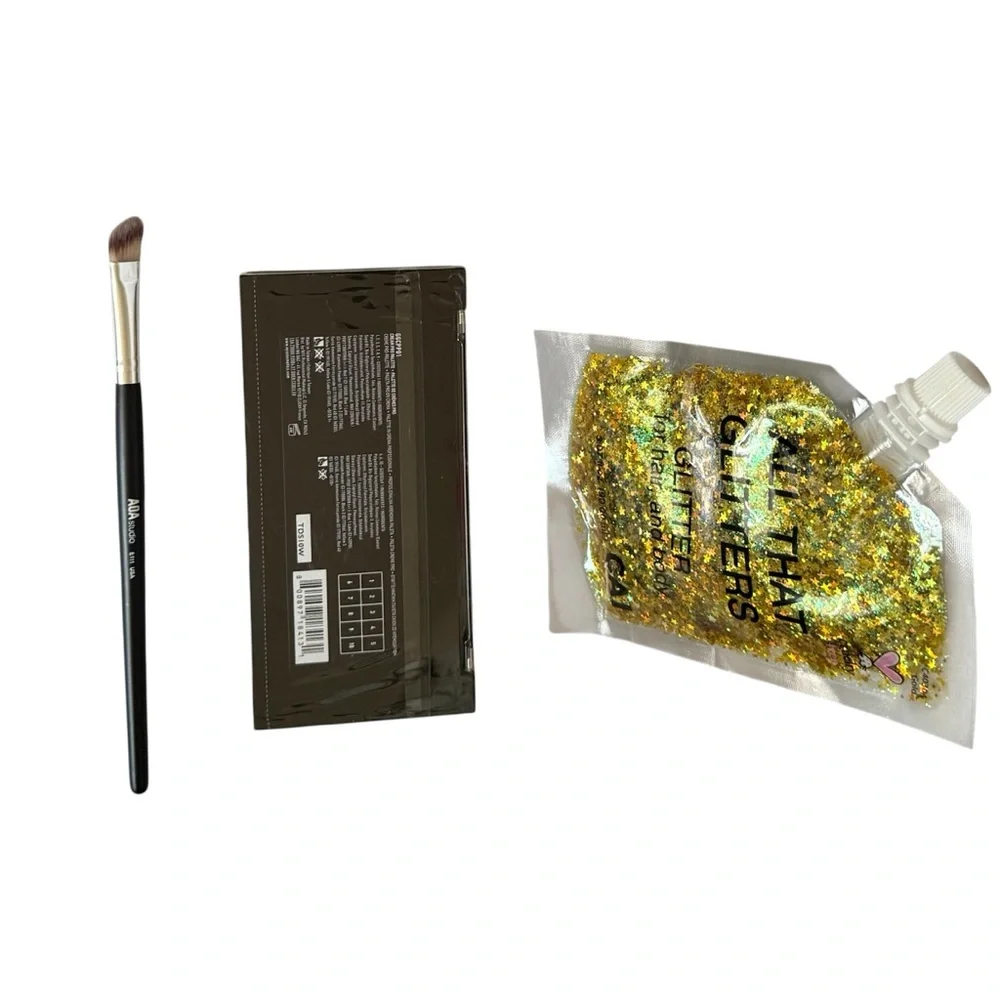 Lot 3pc NYX Glitter Goals Eyeshadow Palette Brush Gold Body Glitter Festival NWT
